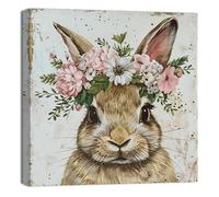 ZQQART Vintage Rabbit Canvas Wall Art Animal Wearing a Crown Picture Prints Flowers Bunny Paintings Kids Room Nursery Decor Frame(12.00" x 12.00")