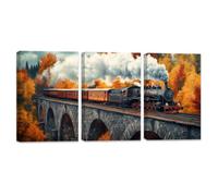 ZQQART Vintage Steam Train Wall Art 3 Piece Locomotive Canvas Prints Rustic Railroad Picture for Living Room Decor Framed(Orange,16.00"x24.00"x3Pcs)