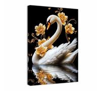 ZQQART White Swan Canvas Wall Art Vintage Swan Painting with Golden Lotus Flowers Pictures Elegant Painting for Living Room Decor Framed(Black,12L x 18W)