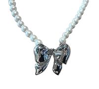 Zqxnt Korean Sweet Imitation Pearls Beaded Bowknot Pendant Necklace For Women Girls Fashion Neckchain Party Jewelry Artificial Pearls Necklace With Pendant