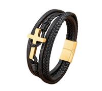 ZQYPENOZ Men's Leather Bracelet,Mens Leather Cross Bracelet with Magnetic Clasp Multi-Layer Wristbands Clasp Hand Braided Punk Cuff Bangle Gift for Boys Him Jewelry Accessories Gold 23Cm