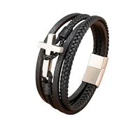 ZQYPENOZ Mens Leather Bracelets Uk,Mens Leather Cross Bracelet with Magnetic Clasp Multi-Layer Wristbands Clasp Hand Braided Punk Cuff Bangle Gift for Boys Him Jewelry Accessories Silver 21Cm
