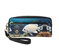 ZQYTGFDC Yellow Roses Starry Night Leather portable makeup storage bag Aesthetic Pencil Bag for Women, Makeup Pouch, White-golden Fish, One Size