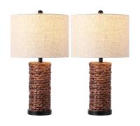 ZR98US 25" Handwoven Water Hyacinth LED Table Lamp 2-Pack with Linen Shade Bedroom, and Office Suitable for Living Room, Dormitory, Office,(Dark Brown)