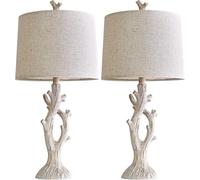 ZR98US Farmhouse Vintage Resin Table Lamp Beige Linen, Space-Saving 2-Piece Set for Bedroom & Living Room Tables