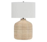 ZR98US Minimalist Table Lamp, White Drum Fabric Shade, Natural Rattan Base - Living Room & Office