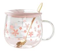 ZRAGEK Transparent Borosilicate Glass Sakura Cup, Heat Resistant Drinking Glasses With Ceramic Lid, Latte Coffee Mug With Scale, Milk Juice 400ml/13.5 Oz Tea Cup With Handle (B,14.1oz)