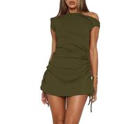 ZREQV Women's Summer Bodycon Dresses Sexy One Shoulder Side Drawstring Vacation Cocktail Club Party Cute Mini Dress, Army Green, L