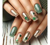 ZRETHFB 24 x St Patrick's Day Medium Square Clover Full Cover Gold Green Glitter False Nails Irish Shamrock Reu