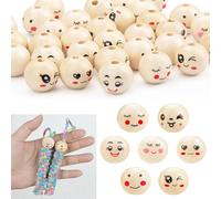zrfgbxim 140 Pcs Smile Face Wooden Beads for Crafting, 20mm Natural Round Macrame Emoji Wood Beads with Faces, 7 Styles, for DIY Craft Bracelet Necklace Jewelry