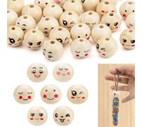 zrfgbxim 70 Pcs Smile Face Wooden Beads for Crafting, 20mm Natural Round Macrame Emoji Wood Beads with Faces, 7 Styles, for DIY Craft Bracelet Necklace Jewelry