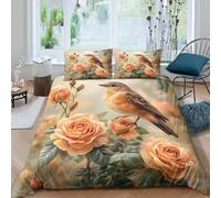 ZRHSADO 3D Skin-Friendly Microfiber Bird on roses Comforter Cover Ultra Soft Bedding Set w/Pillow Cases Nature painting style Quilt Cover Set All Season Easy Care, for Teens Adults Single（140x200cm）
