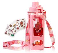 ZRHXG Kawaii Water Bottle, Square Plastic Drinking Bottle, with Straw and Shoulder Strap, Water Bottle, Portable Leak-proof Water Jug for Cute Girls, School (Pink 700 ml)