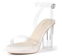 ZriEy 4-Inch Platform Clear High Heels for Women Block Chunky Heeled Sandals Open Toe Ankle Strap Heels Wedding Party Evening Prom Dress Pump Sandal Shoes, Beige Clear, 5 UK