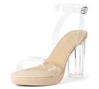 ZriEy 4-Inch Platform Clear High Heels for Women Block Chunky Heeled Sandals Open Toe Ankle Strap Heels Wedding Party Evening Prom Dress Pump Sandal Shoes, Nude Clear, 5 UK