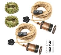 ZRLXFM 2-Pack E27 Metal Lamp Holders with 5.1M Hemp Cable, Industrial Pendant Lamp Fitting with Switch and Plug, DIY Ceiling Hanging Light Fixture with 5M Green Leaf Decorative Cord