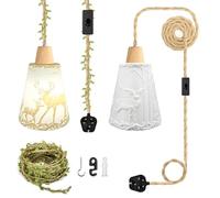 ZRLXFM 5.1M Hemp Rope Plug in Pendant Light Kit, 3D Printed Moose Lampshade with Switch, E27 Lamp Socket, Rustic Ceiling Hanging Lighting Fitting with 5m Green Decorative Cord