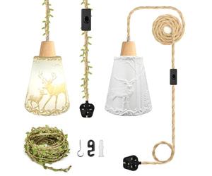 ZRLXFM 5.1M Hemp Rope Plug in Pendant Light Kit, 3D Printed Moose Lampshade with Switch, E27 Lamp Socket, Rustic Ceiling Hanging Lighting Fitting with 5m Green Decorative Cord