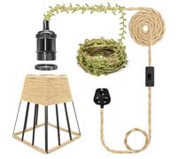 ZRLXFM Hemp Rope Plug in Pendant Light Cord, E27 Black Metal Lamp Holder with Switch and 510CM Cable, Square Lampshade Hanging Lighting Equipped with 5M Long Green Leaf Decoration