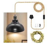 ZRLXFM Industrial Ceiling Pendant Light Shades Kit, 9.84” Black Metal Lampshades with 5.1m Hemp Cable, E27 Lamp Base Plug in Hanging Light Fitting for Indoor - Includes 5m Green Leaf Decorative Cord