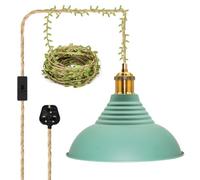 ZRLXFM Industrial Plug in Ceiling Pendant Light Kit, 5.1m Hemp Cable Hanging Light with Metal Lampshades, E27 Lamp Base DIY Light Shade with Switch - Includes 5m Green Leaf Decorative Cord