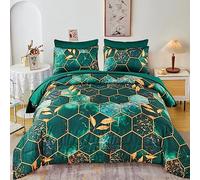 ZRNBAST Dark Green King Size Comforter Set Geometric Honeycomb-7 Piece Bedding Set with Gold Trim Print Pattern All Season Marble Hexagon Bed in A Bag with Sheets (Emerald Green, King)