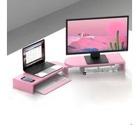 ZRQSMCX Computer Monitor Stand Dual-screen Monitor Stand Riser, Adjustable Solid Wood Tablet Organizer Storage Rack, Office Desktop Corner Shelf Lift for Plant/dorm (Pink)