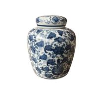 ZRQSMCX Decorative ginger jar, traditional Chinese style, white checkered ginger jar with lid and carved checkered decoration (blue, 16 * 22 cm).