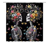 ZRUWUA Halloween Shower Curtain Skull Floral Skeleton Cool Gothic Hippie Butterfly Colorful Boho Spooky Bathroom Decor Curtain with Hooks,Yellow Black