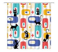 ZRUWUA Mid Century Modern Shower Curtain Funny Black Cat Retro Abstract Geometric Star 1950s 1960s Vintage Minimalist Bathroom Decor Curtain with Hooks,