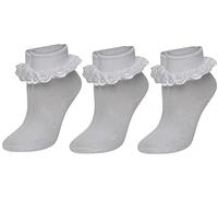 ZRWASKA® 3 Pairs Baby Girls Ankle Socks - Cotton Frilly School Socks with Lace, White, Size (4-6.5)(11-15 Years)