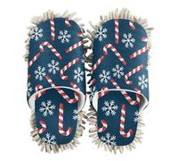 ZRWLUCKY Christmas Candy Snowflakes Mop Slippers Shoes Floor Cleaning Kitchen Dust Mopping Washable Microfiber House Slippers, Christmas Pattern Candy Canes Snowflakes, L