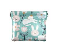 ZRWLUCKY Faux Leather Waterproof Handbag for Girls and Women with Hare and Floral Pattern Green, 12 cm (L) x 3.8 cm (W) x 0.6 cm (H), Cartoon Cat Bunny Flower Green, 4.33"(L) x 3.74"(W) x, Cartoon Cat