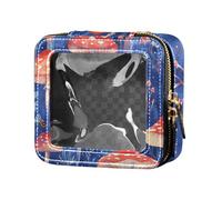 ZRWLUCKY Red Mushrooms Blue Clear Mini Makeup Bag Leather Toiletry Bag Leather Organizer Bags for Travel, red mushrooms Blue