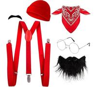 Zrycn 6PCS Halloween Men's Costume Kit - Red Hat, Glasses, Mustache, Bandana & Suspenders for Party