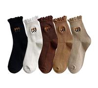 zrylibya Women's Ruffle Frilly Rib Knit Crew Socks Floral Embroidery Scalloped Pointelle Casual Ankle Socks 5 Pairs, Multicolor, One size