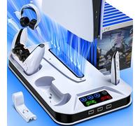ZRZLMVP PS5/Slim/Pro Cooling Station Stand with Dual Controller Charging Station for Playstation 5 Console, PS5 Accessories Incl. Controller Charger, Cooling Fan, Headset Holder,3 USB Hub-White