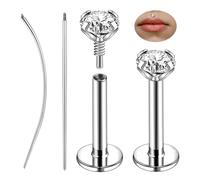 ZS 1 Pair 316L Stainless Steel Labret Lip Stud, Internal Thread Philtrum Ashely Jewelry CZ Tragus Helix Nose Nostril Piercing 16G Flat Back Earrings Studs for Women Men (Silver,16g,L:5mm,CZ:4mm)