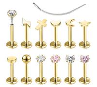 ZS 12Pcs 16G/18G Stainless Steel Lip Piercing Jewelry Internal Thread Labret Studs Tragus Helix Conch Cartilage Earrings Stud Earring for Women Men (Gold,16g,L:8mm)