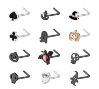 ZS 12Pcs 20G Stainless Steel Halloween Nose Stud - Bat Skull Pumpkin L Shaped Corkscrew Nose Rings Silver Black Hypoallergenic Nostril Piercing Jewelry for Women Men (A:Black,L-shape)
