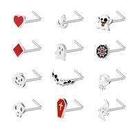 ZS 12Pcs 20G Stainless Steel Halloween Nose Stud - Bat Skull Pumpkin L Shaped Corkscrew Nose Rings Silver Black Hypoallergenic Nostril Piercing Jewelry for Women Men (B:Silver,L-shape)