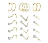 ZS 18Pcs 20G/18G Nose Studs Rings Hoop Set, Hypoallergenic Stainless Steel L-Shaped Nose Stud Screws Cubic Zirconia Nose Piercing Jewellery for Women Men （SetA,Gold, 20G）