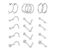 ZS 18Pcs 20G/18G Nose Studs Rings Hoop Set, Hypoallergenic Stainless Steel L-Shaped Nose Stud Screws Cubic Zirconia Nose Piercing Jewellery for Women Men （SetA,Silver,20G）
