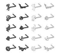 ZS 20G Black Nose Rings Nostril Studs for Women, 20Pcs Surgical Steel Nose Studs Ring L-Shaped, Halloween Bat Skull Corkscrew Nose Piercing Jewelry, Stainless Steel, cubic zirconia