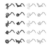 ZS 20G Black Nose Rings Nostril Studs for Women, 20Pcs Surgical Steel Nose Studs Ring L-Shaped, Halloween Bat Skull Corkscrew Nose Piercing Jewelry, Stainless Steel, cubic zirconia
