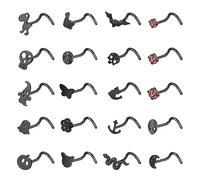 ZS 20G Black Nose Rings Nostril Studs for Women, Surgical Steel Nose Studs Ring L-Shaped, 20Pcs Halloween Bat Skull Corkscrew Nose Piercing Jewelry, Stainless Steel, cubic zirconia