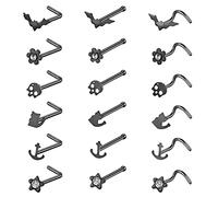 ZS 20G Corkscrew Nose Rings Surgical Steel L-Shaped Nose Studs Bat Skull Nose Bone Stud Nose Piercing Jewelry for Women (18pcs black)
