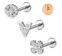 ZS 3Pcs 16G Labret Piercing Jewellery Stainless Steel Labret Studs with Cubic Zircon Tragus Earring Flat Back Helix Cartilage Conch Piercing Jewellery for Women 8mm (SetB)