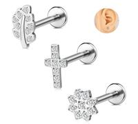 ZS 3Pcs 16G Labret Piercing Jewellery Stainless Steel Labret Studs with Cubic Zircon Tragus Earring Flat Back Helix Cartilage Conch Piercing Jewellery for Women 8mm (SetA)
