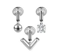 ZS 3Pcs G23 Titanium Labret Lip Stud, 16G Internally Threaded Monroe Medusa Ashley Lip Piercing Jewelry Flat Back Tragus Helix Cartilage Conch Stud Earrings for Women Men (SetB,Sliver,L:8mm)